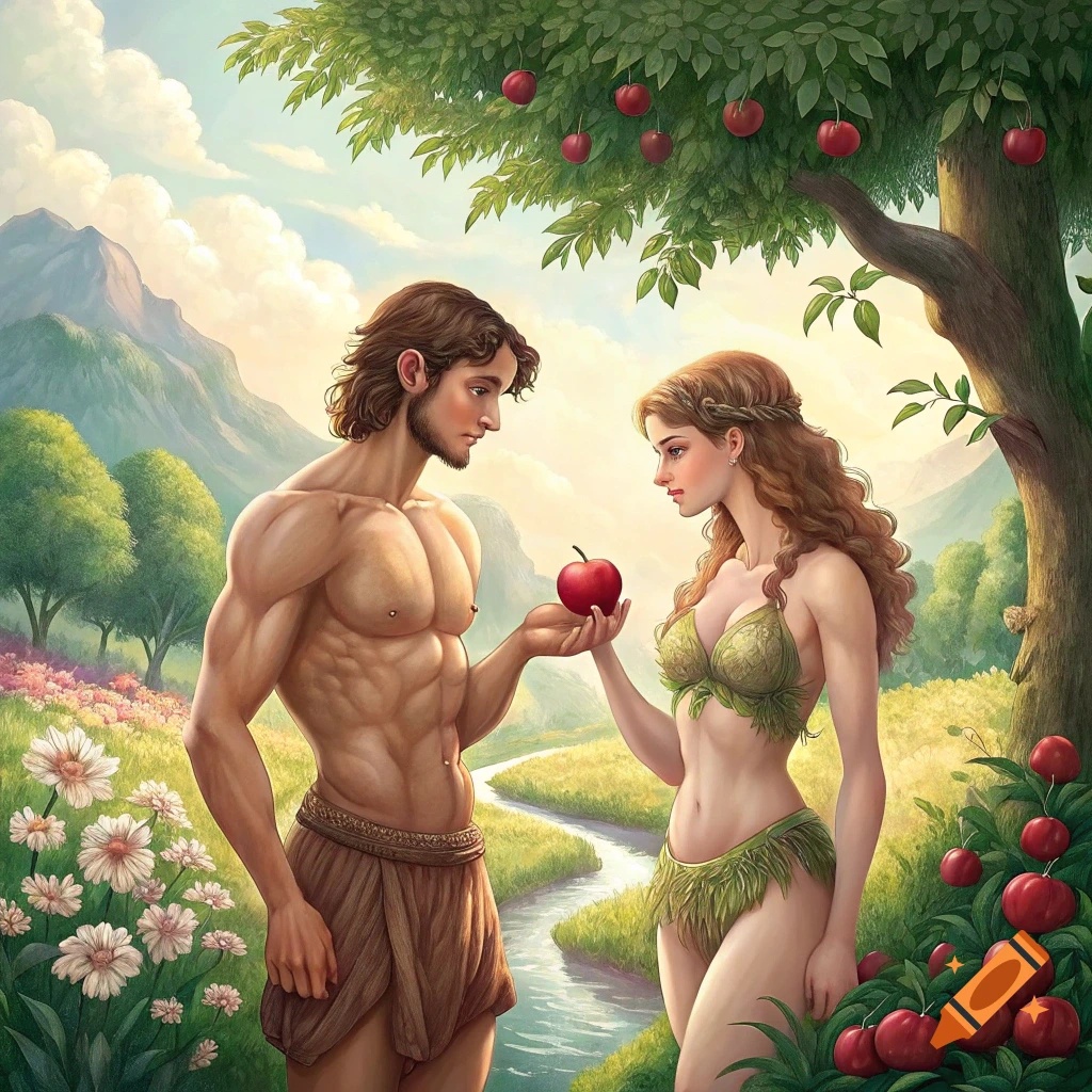 Adam and Eve in the Garden of Eden, with Adam holding out the apple to Eve.