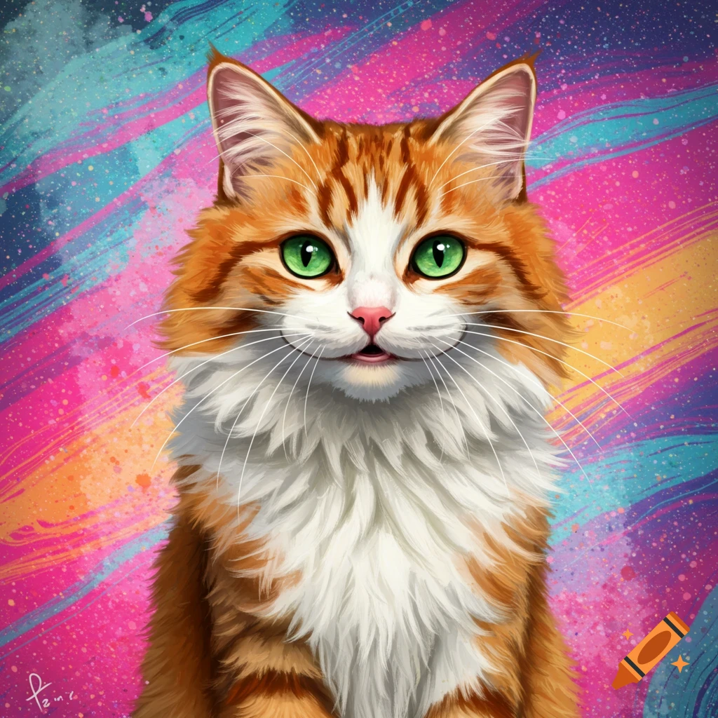An orange and white cat with green eyes on a colorful abstract background.