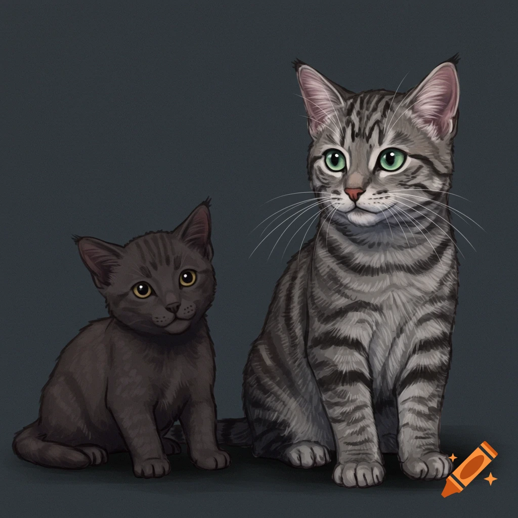 A dark gray cat and a gray striped cat sitting.