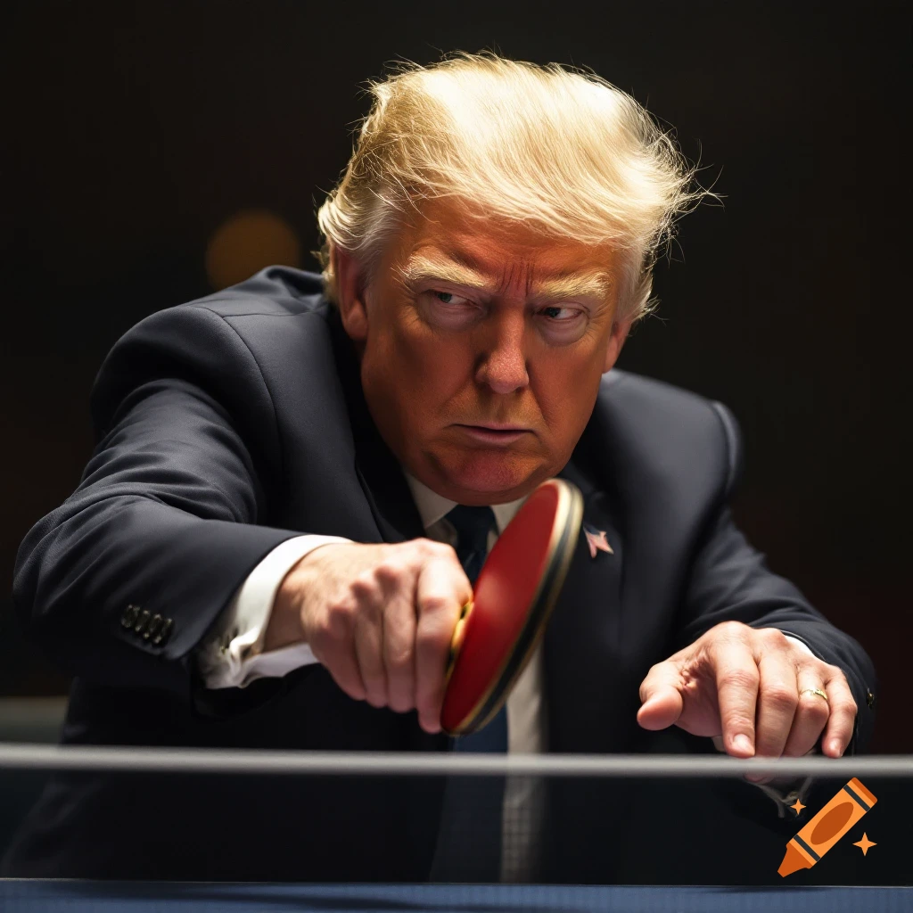 Donald Trump plays ping pong while wearing a suit.