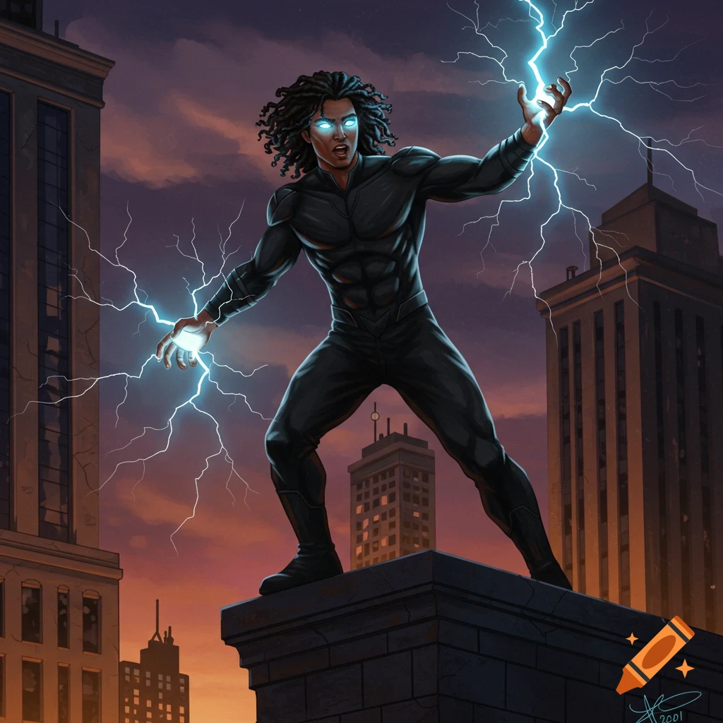 A young man in a black suit generates lightning on a rooftop at sunset.