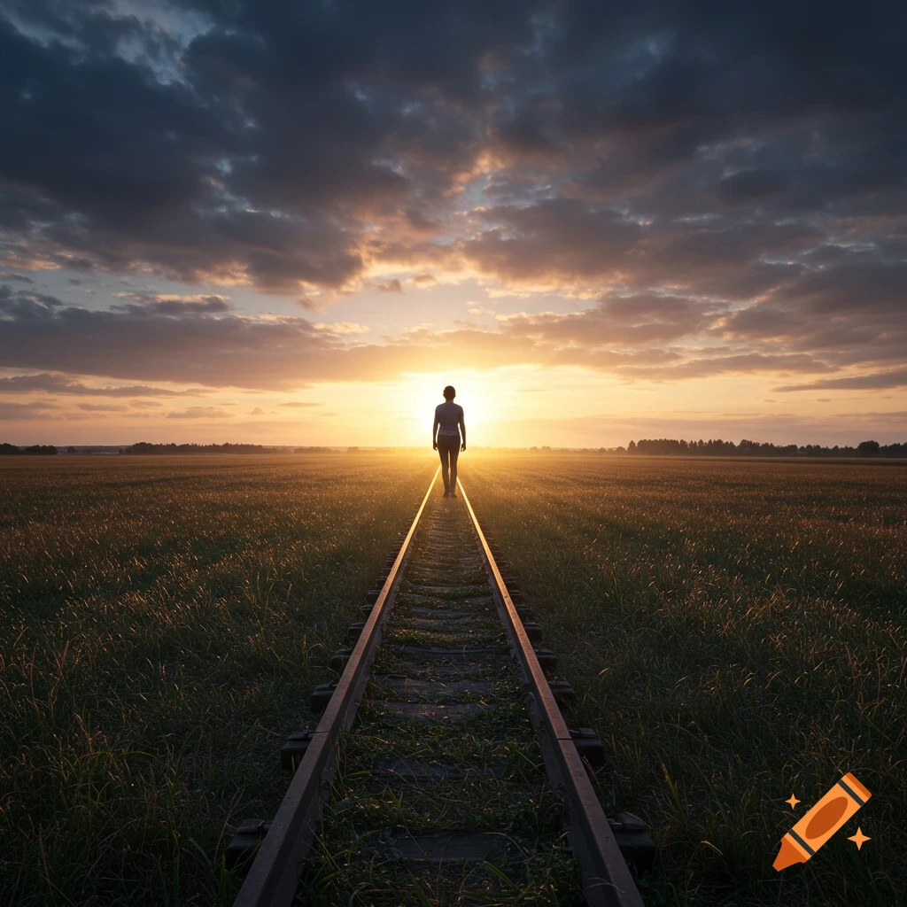 A person stands on train tracks stretching into a field at sunset, dramatic clouds overhead.