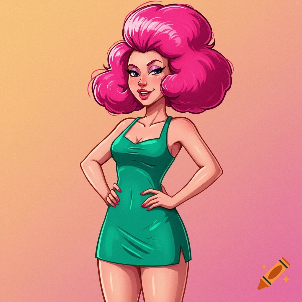 Painting of a cartoon woman with large pink hair, wearing a green dress, hands on hips, smiling.