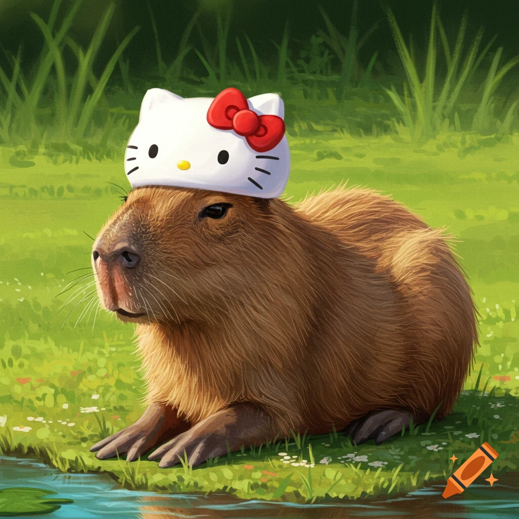 A capybara wearing a Hello Kitty hat by the water.