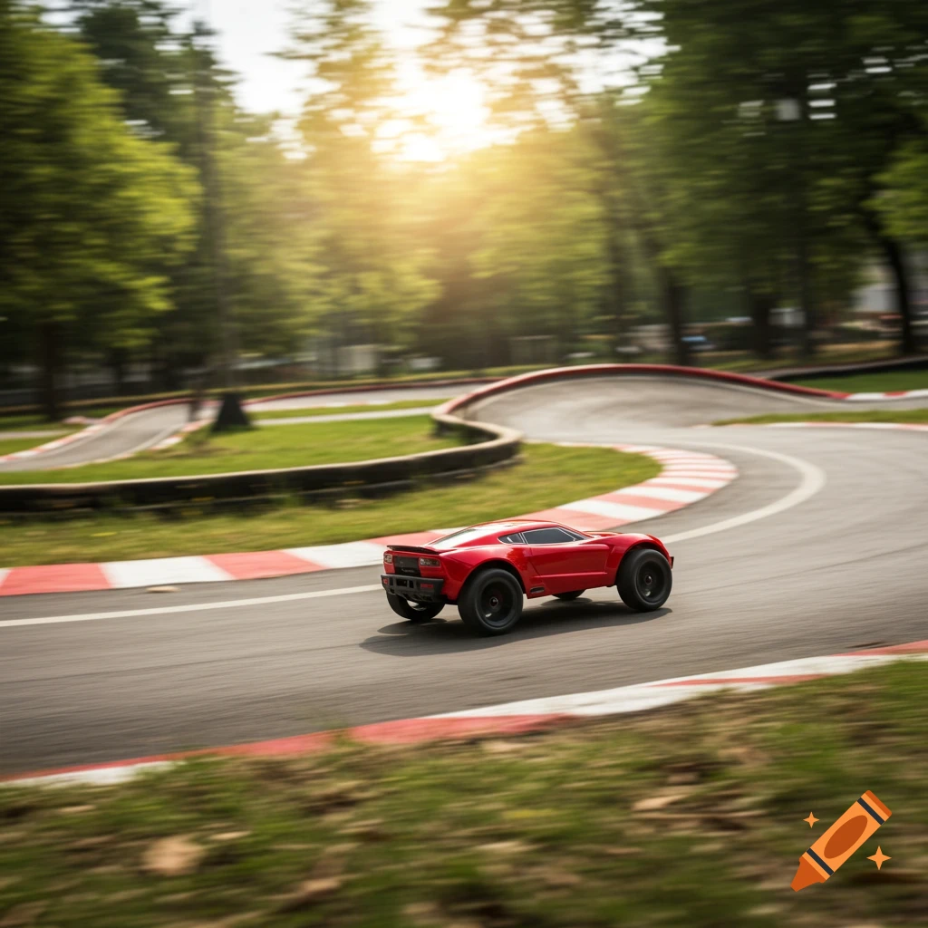 A red RC car speeds around a track outdoors with trees and sunlight, motion blur adds speed.