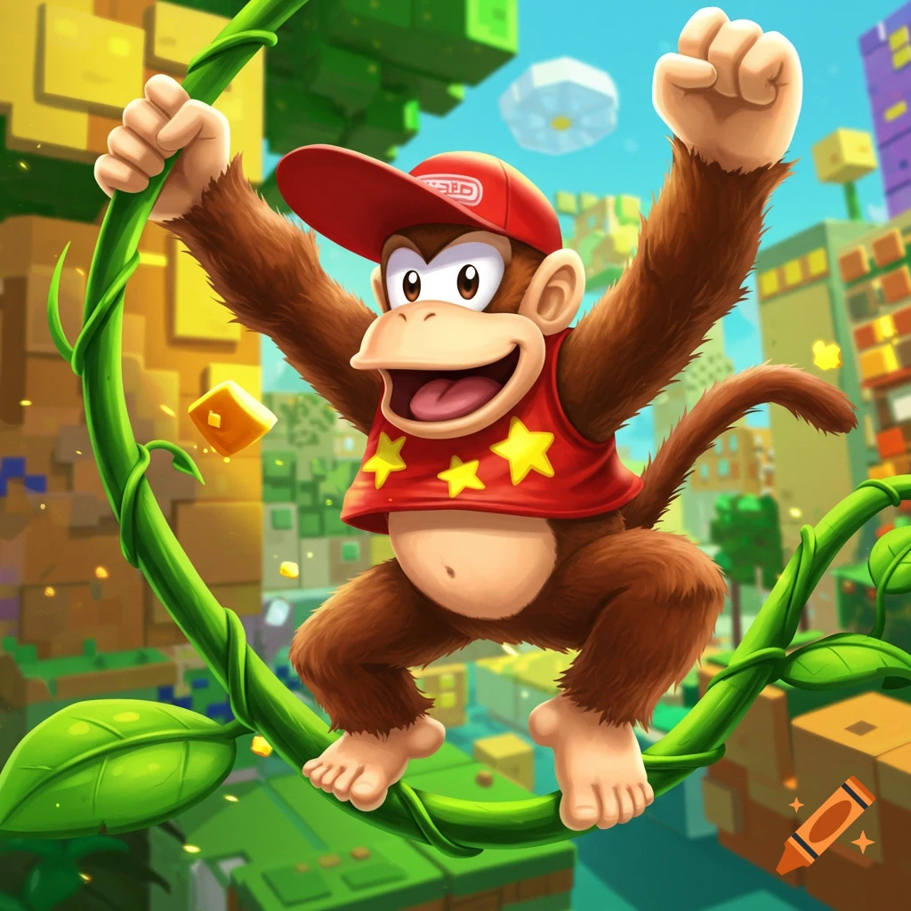 Cartoon monkey in red hat swinging on vine against blocky city background.