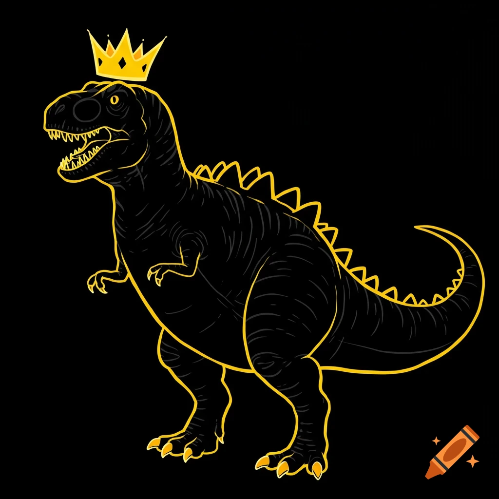 A stylized black T-Rex wearing a yellow crown, outlined in yellow, against a black background.