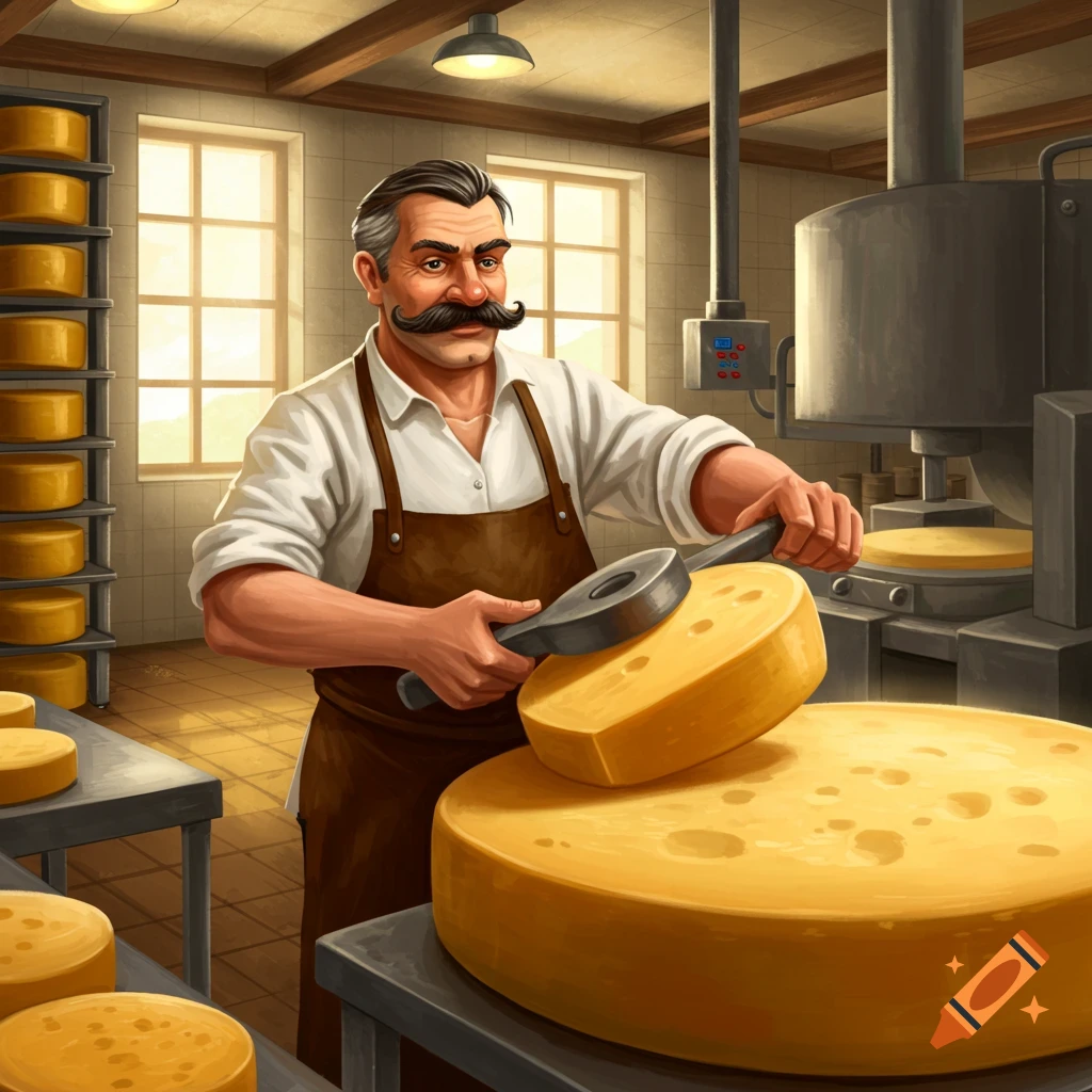 A middle-aged man with a large mustache works in a cheese factory, cutting a large wheel of cheese.