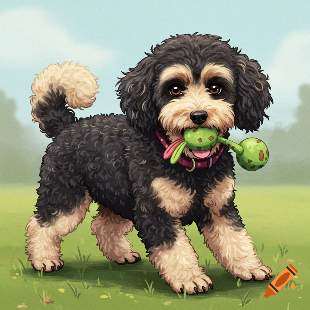 A fluffy brown and black dog with a toy in its mouth in a field.