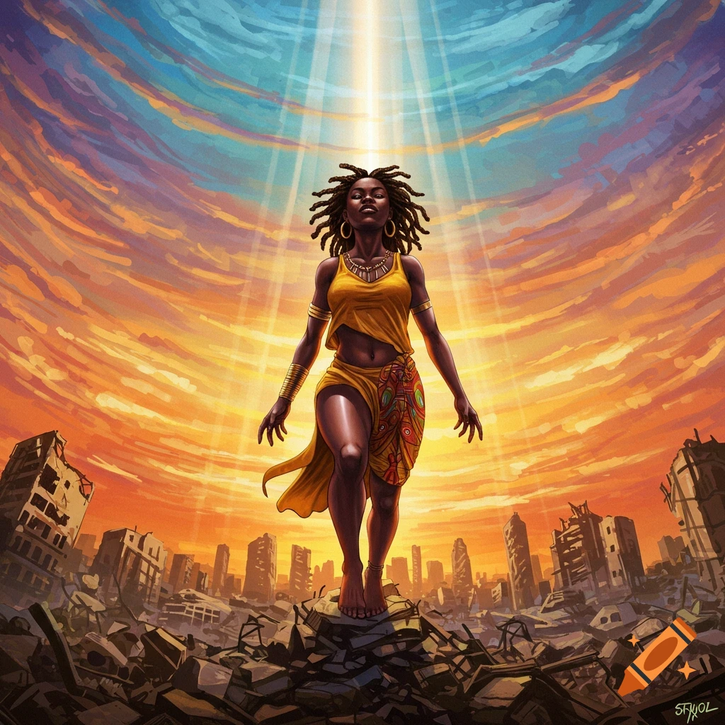 A Black woman ascends from rubble into a beam of light.