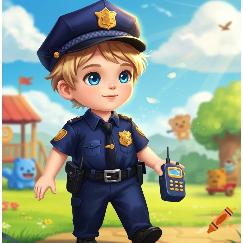Cartoon boy in police uniform walking in a sunny playground holding a walkie-talkie.