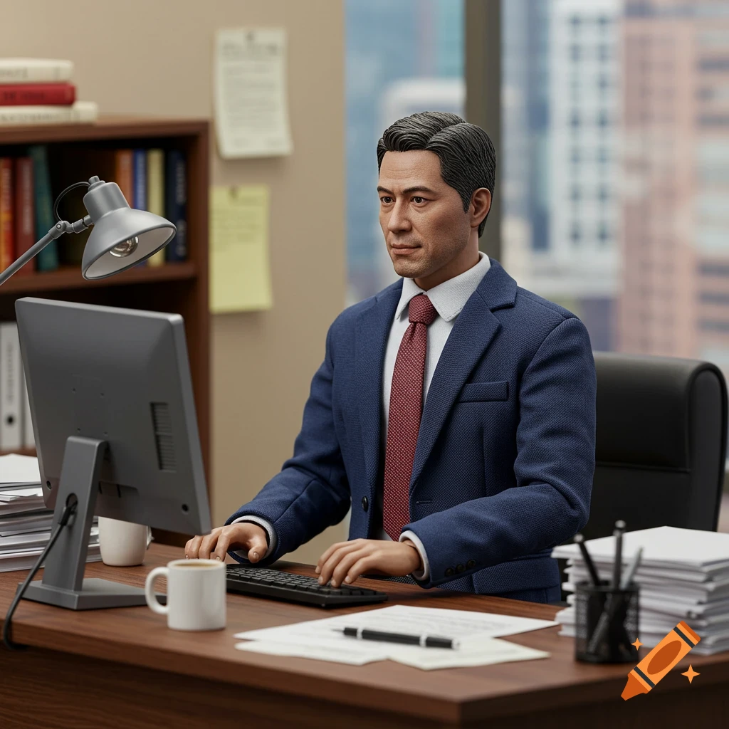 A detailed action figure of a man in a blue suit and red tie working at a desk with a computer, mug, and papers.