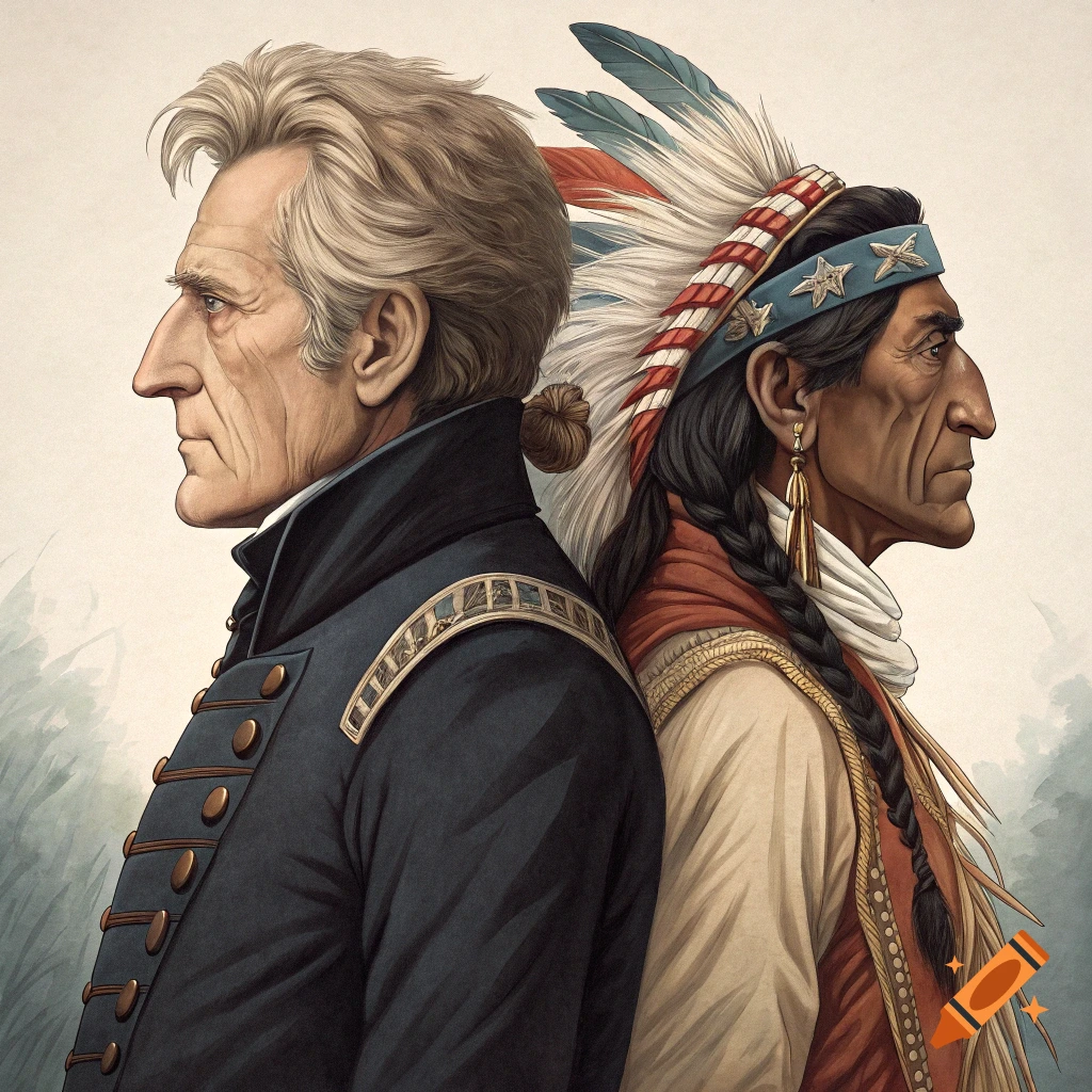 Illustration of Andrew Jackson and a Native American man standing back to back, looking away from each other.