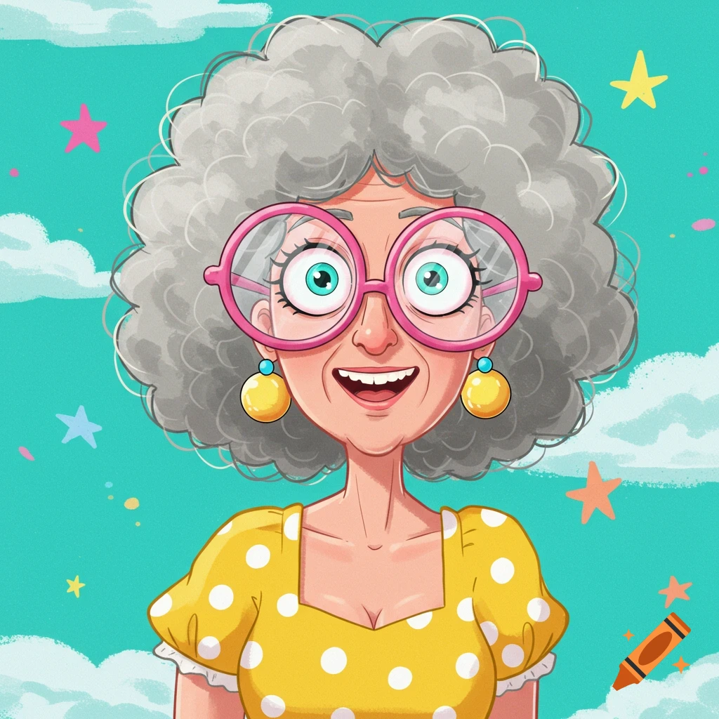 Cartoon portrait of a smiling older woman with grey hair and pink glasses against a sky background.