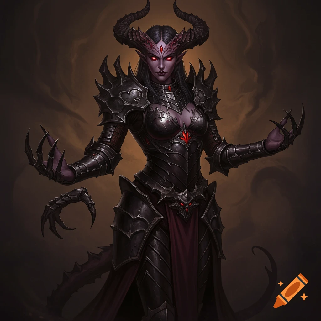 A demoness in dark spiky armor with large horns, glowing red eyes, and sharp claws.
