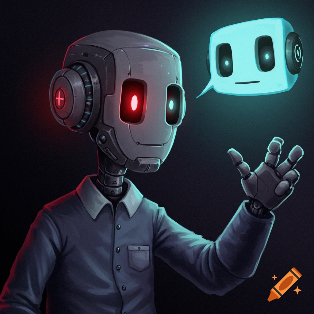 A robot in a shirt looks at a floating speech bubble face.