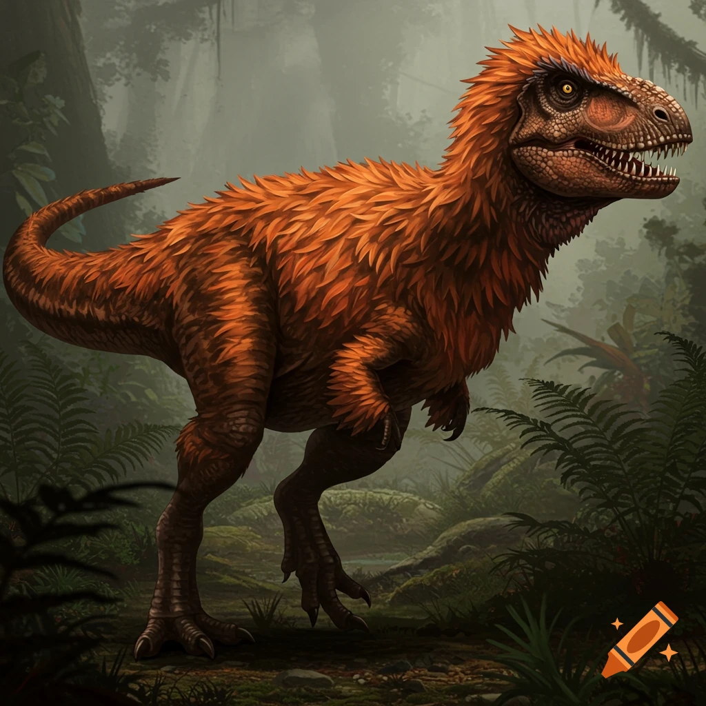A feathered Tyrannosaurus rex stands in a lush jungle.