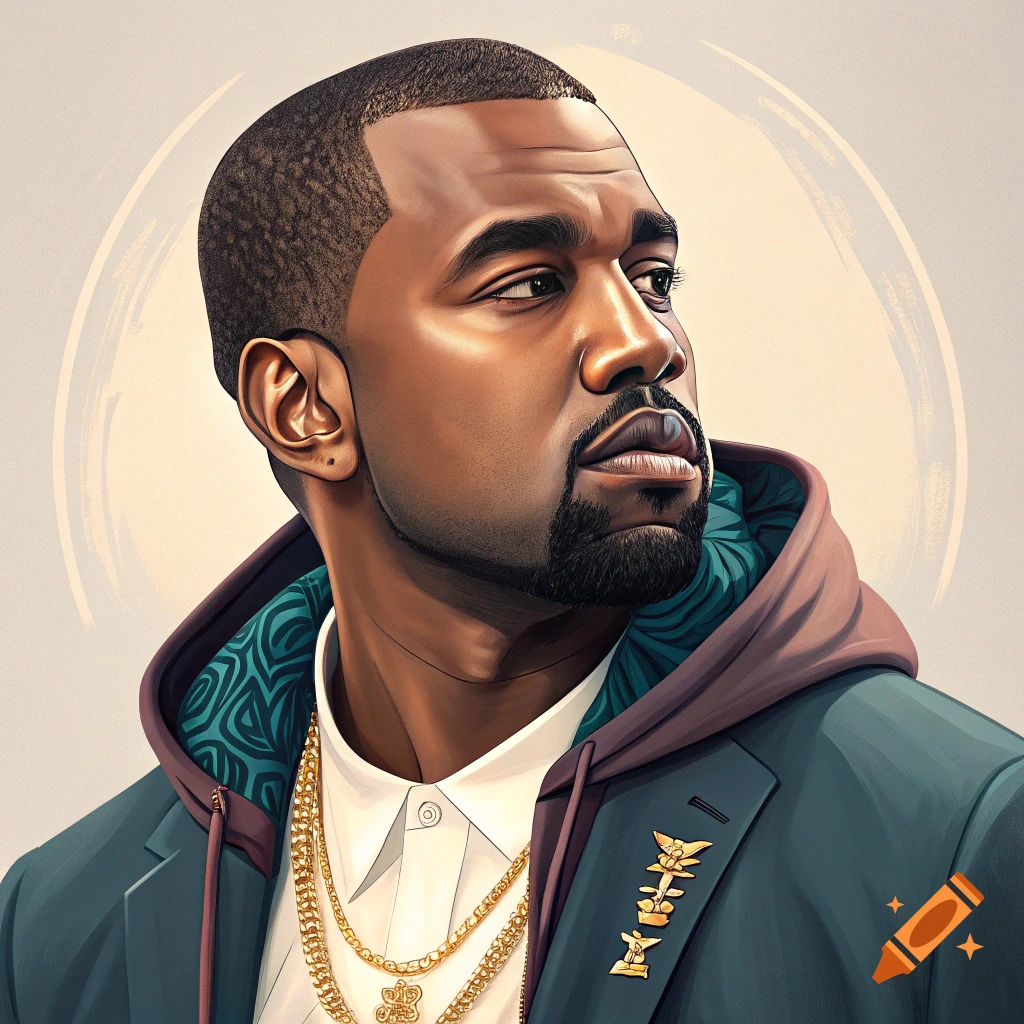 Kanye West in a suit jacket, hoodie, and gold chains, looking to the right.