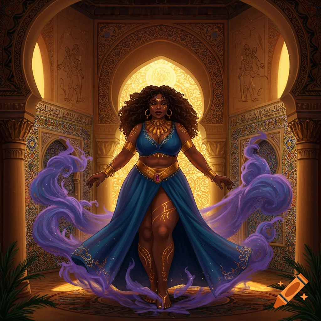 A fantasy goddess in a palace with mystical smoke.