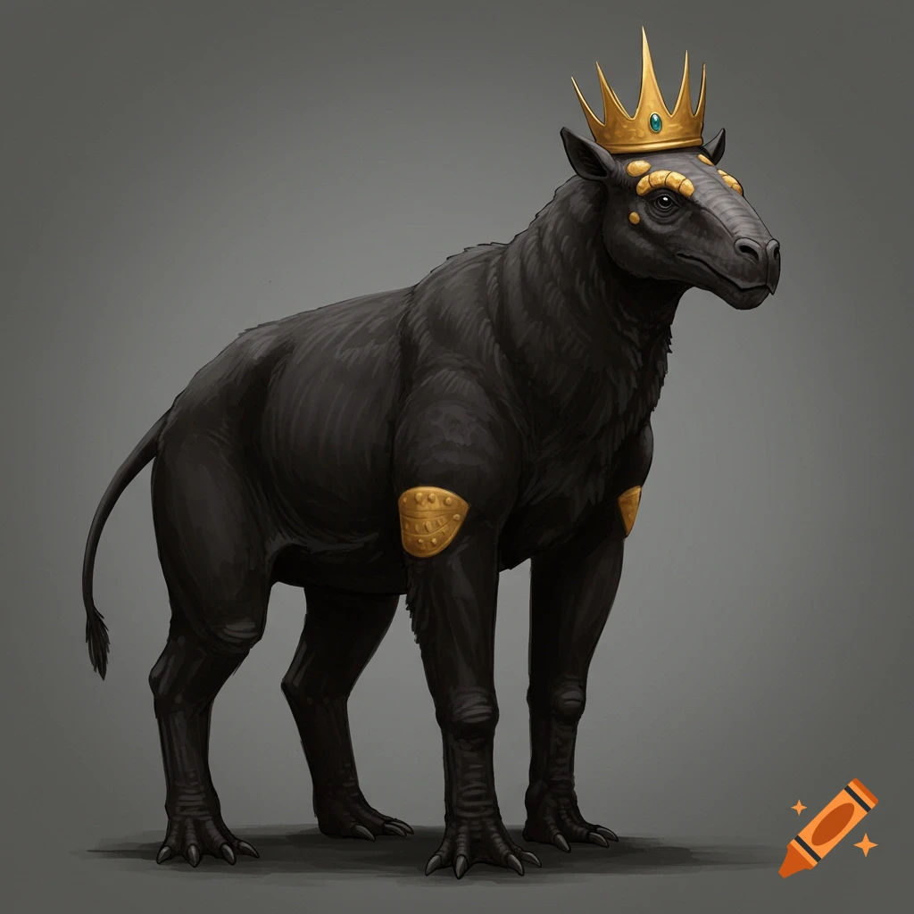 A black fantasy creature wearing a golden crown and armor.