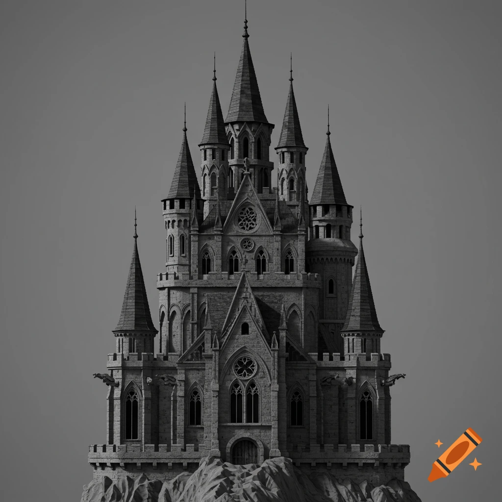 A detailed grayscale image of a large gothic castle on a rocky base.
