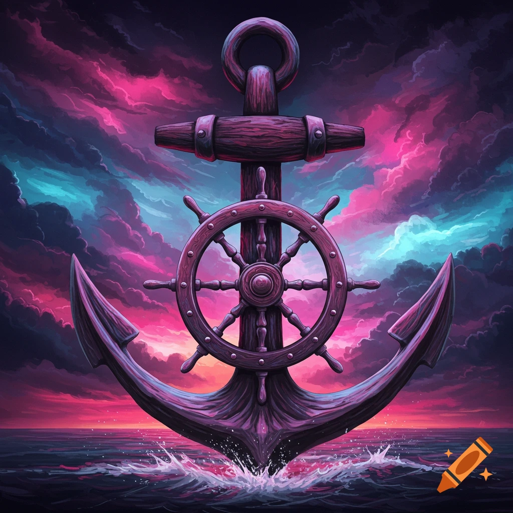 A large anchor and ship's wheel are in the ocean at sunset with pink and blue clouds.