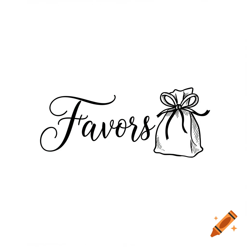 A black sketch of the word 'Favors' in cursive next to a gift bag.