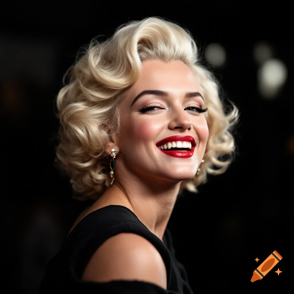Happy profile portrait of a woman resembling Marilyn Monroe with blonde hair and red lipstick.