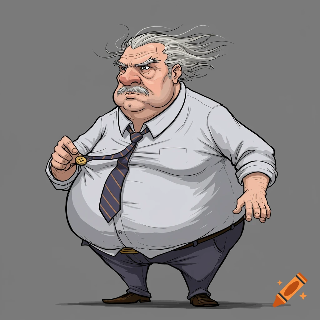 Cartoon illustration of a grumpy, overweight old man in a shirt and tie.