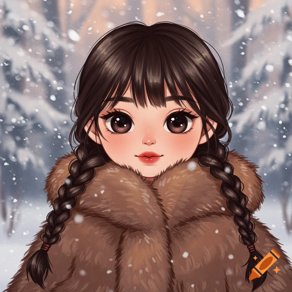 A cute woman with braided pigtails wearing a fur coat in the snow.