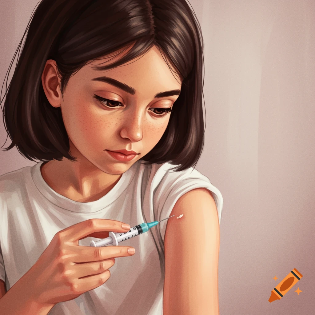 Illustration of a young girl injecting her upper arm with a syringe.