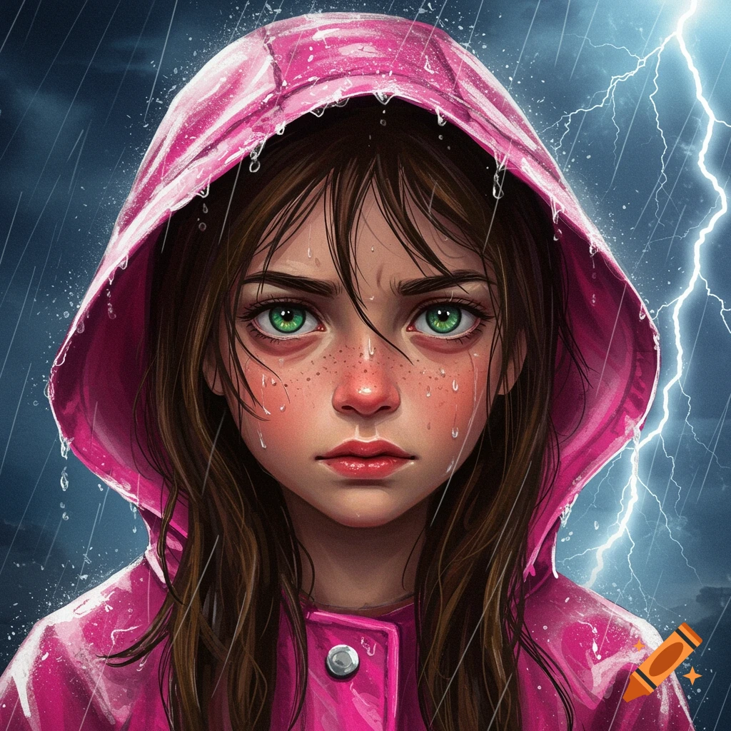Close-up of a girl in a pink raincoat with rain and lightning