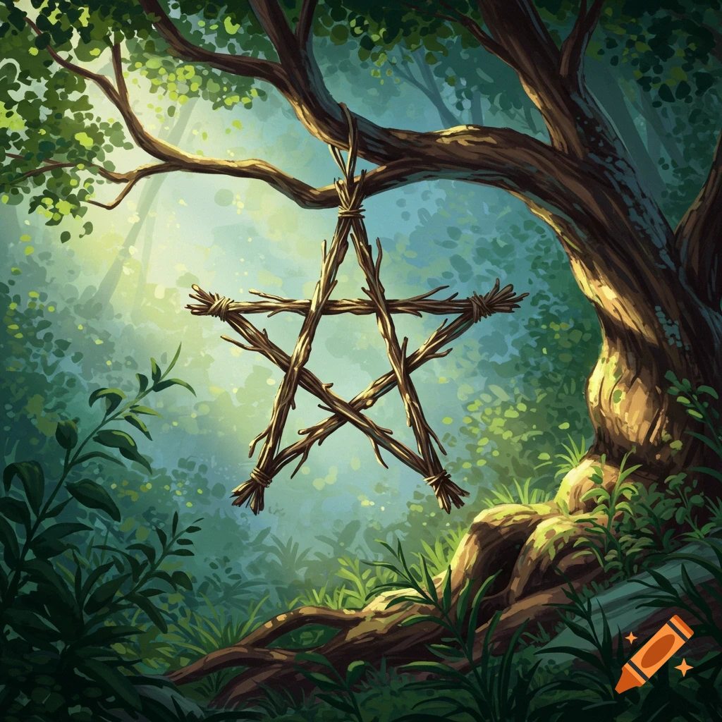 A pentacle made of sticks hangs from a tree branch in a bright, lush forest.
