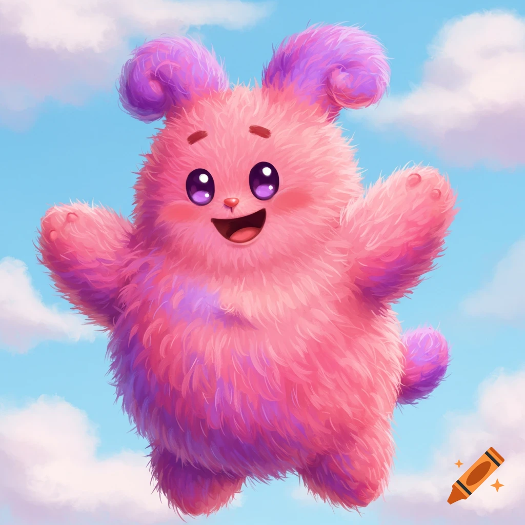 Cute fluffy pink and purple creature smiling and floating among clouds.
