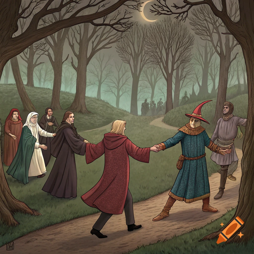 Stylized illustration of a dance macabre in a misty forest at night under a crescent moon.