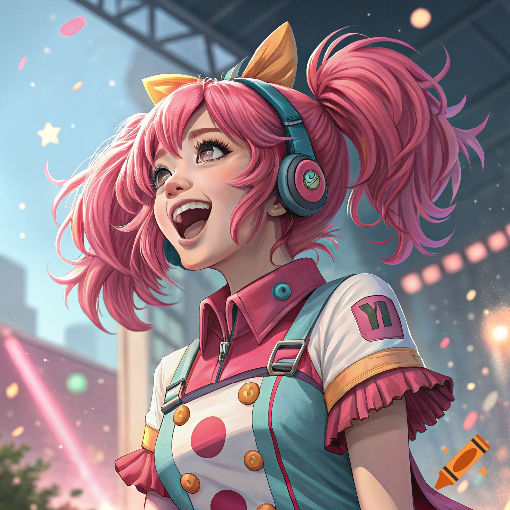 Anime-style girl with pink pigtails and headphones smiling excitedly outdoors.
