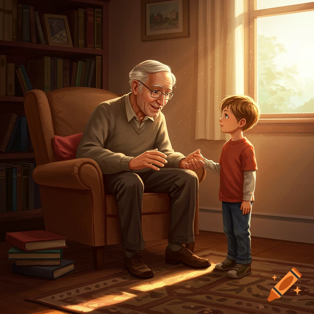 A grandfather talks to his grandson in a sunlit living room.