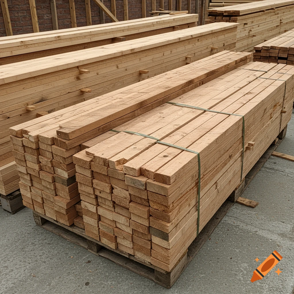 Bundles of wooden stakes on pallets