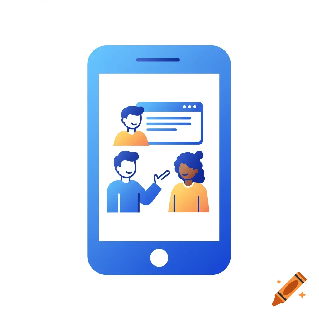 Stylized illustration of people interacting on a smartphone screen.