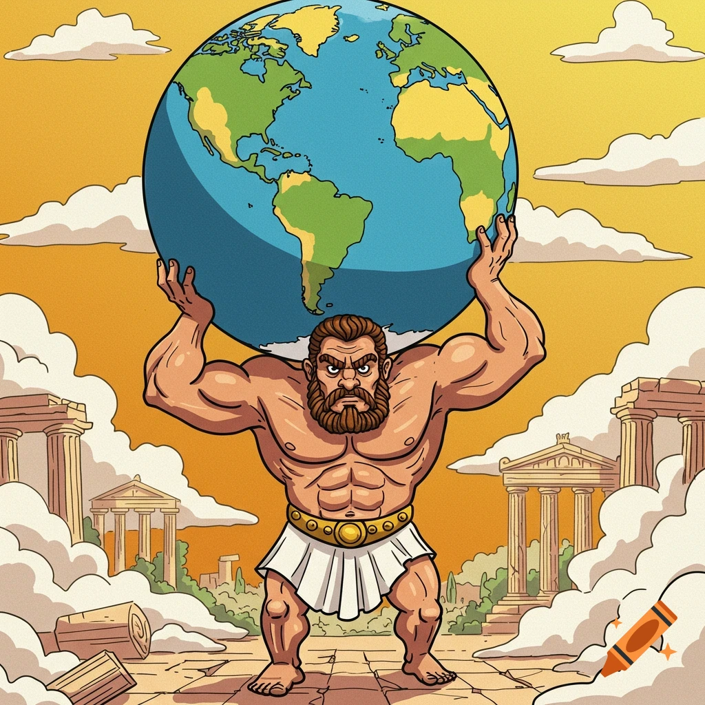 Cartoon illustration of the Greek Titan Atlas holding the Earth on his shoulders amidst clouds and ancient ruins.
