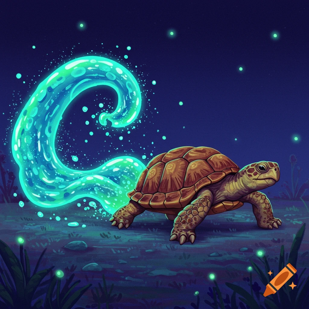 A turtle with a large glowing green letter C behind it in a dark, starry landscape.