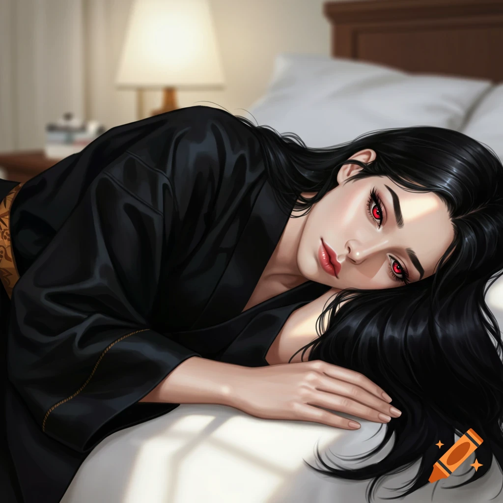 Anime style portrait of a woman with long black hair and red eyes wearing a black kimono, lying on a bed.