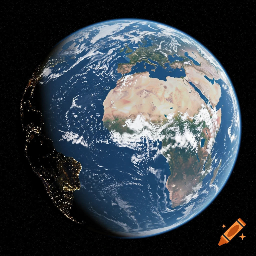 View of Earth from space showing continents, clouds, and city lights on the night side.