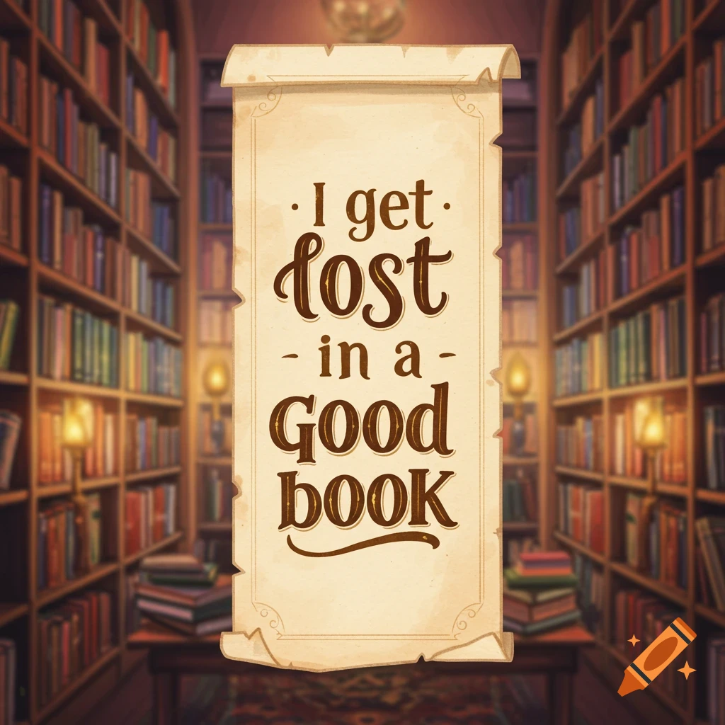 A vintage scroll with the quote 'I get lost in a good book' sits in front of a bookshelf in a dimly lit library.