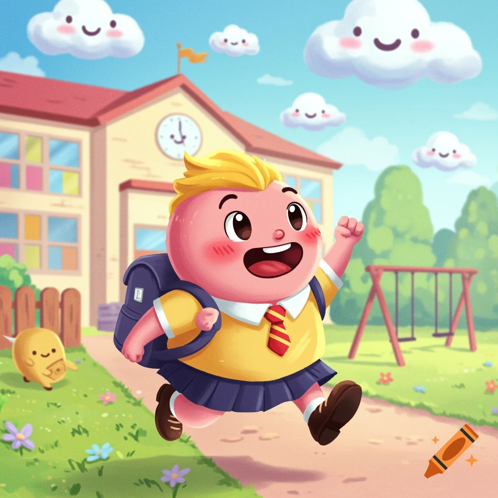Cartoon character with backpack running towards a school building.