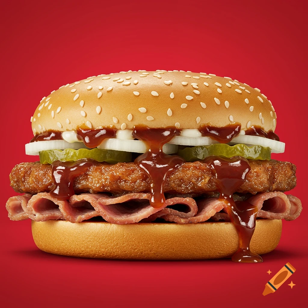 A burger with meat, bacon, pickles, onions, and dripping barbecue sauce on a red background.