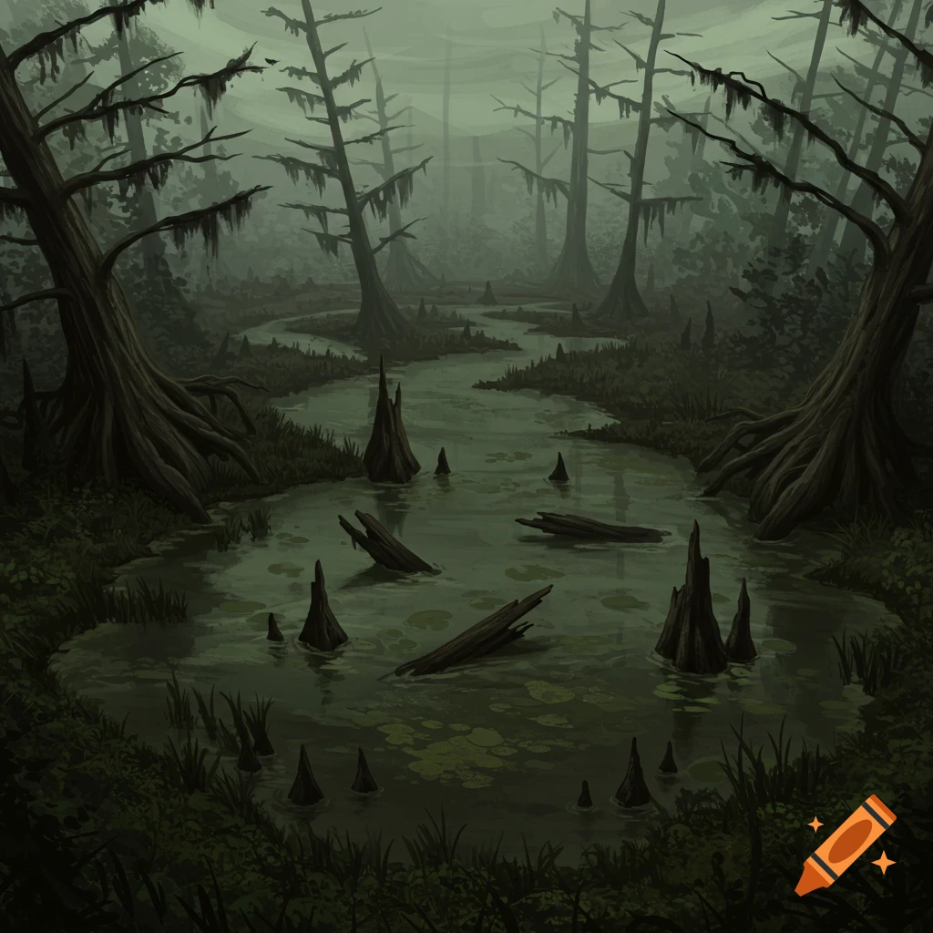 A dark, moody swamp with gnarled trees and murky water.
