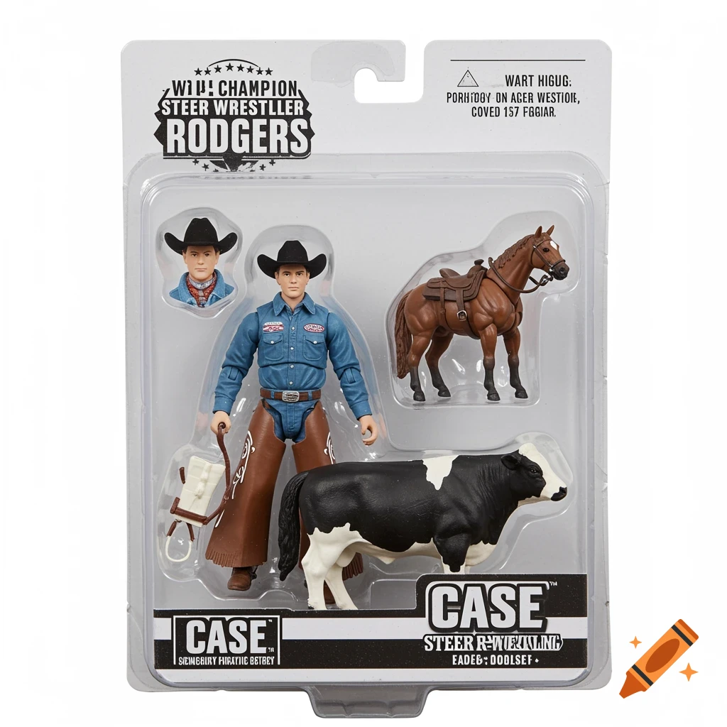 Case Rodgers steer wrestler action figure in blister pack on Craiyon