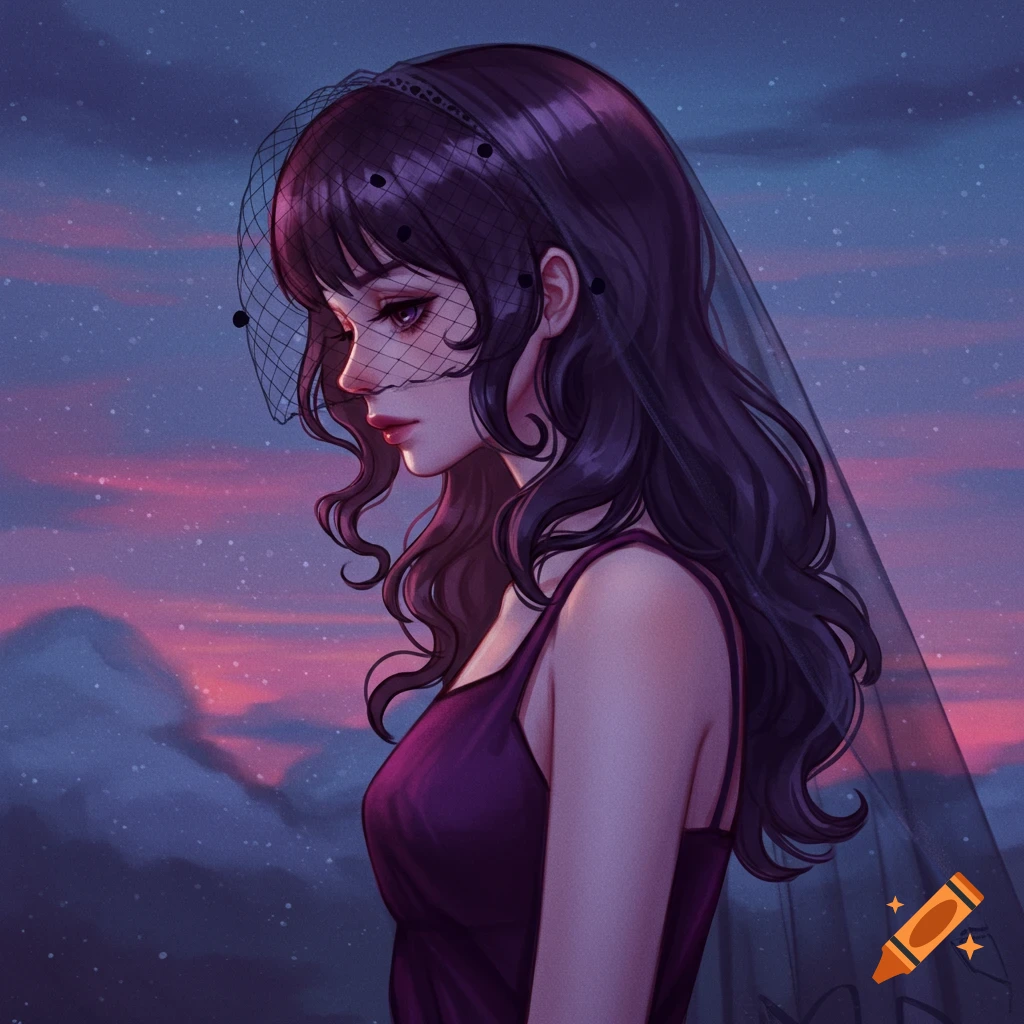 A woman with dark hair and black veil in a purple dress against a sunset sky.