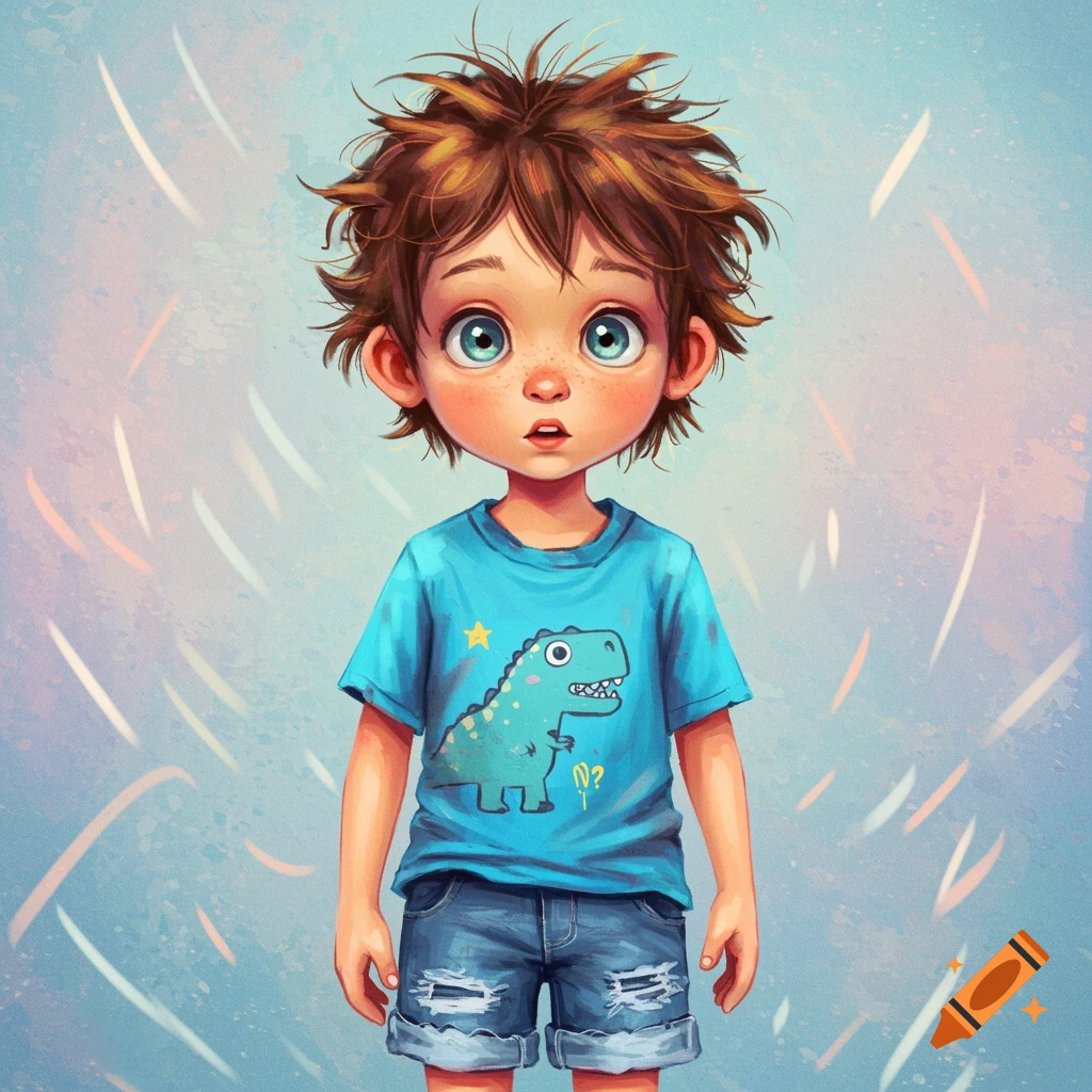 A boy with messy brown hair and big eyes wearing a blue dinosaur t-shirt.